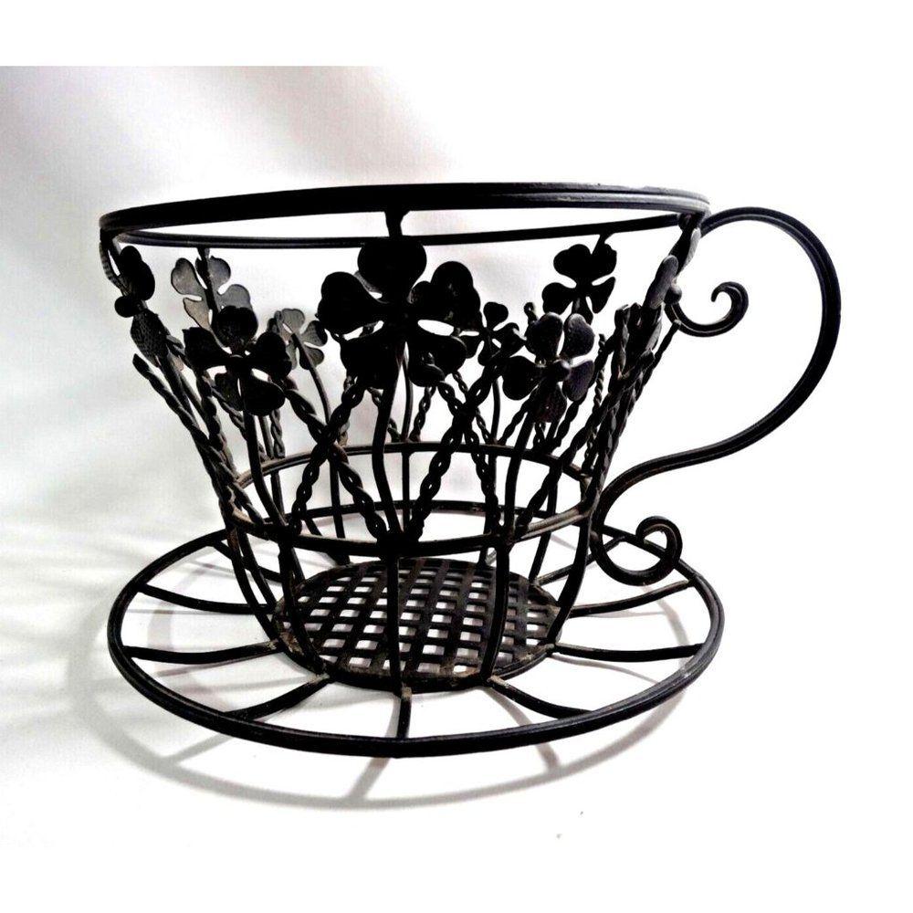 Metal Teacup Black Wire Floral Planter Kitchen Coffee Pod Holder Vintage 80s